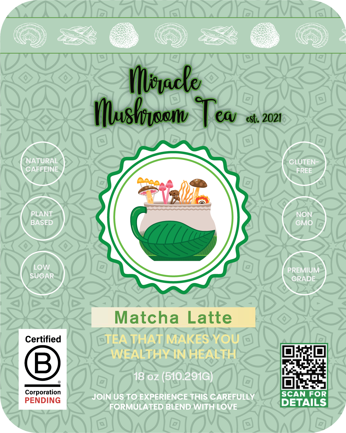 Miracle Mushroom Tea (Matcha Latte) 30-50day supply