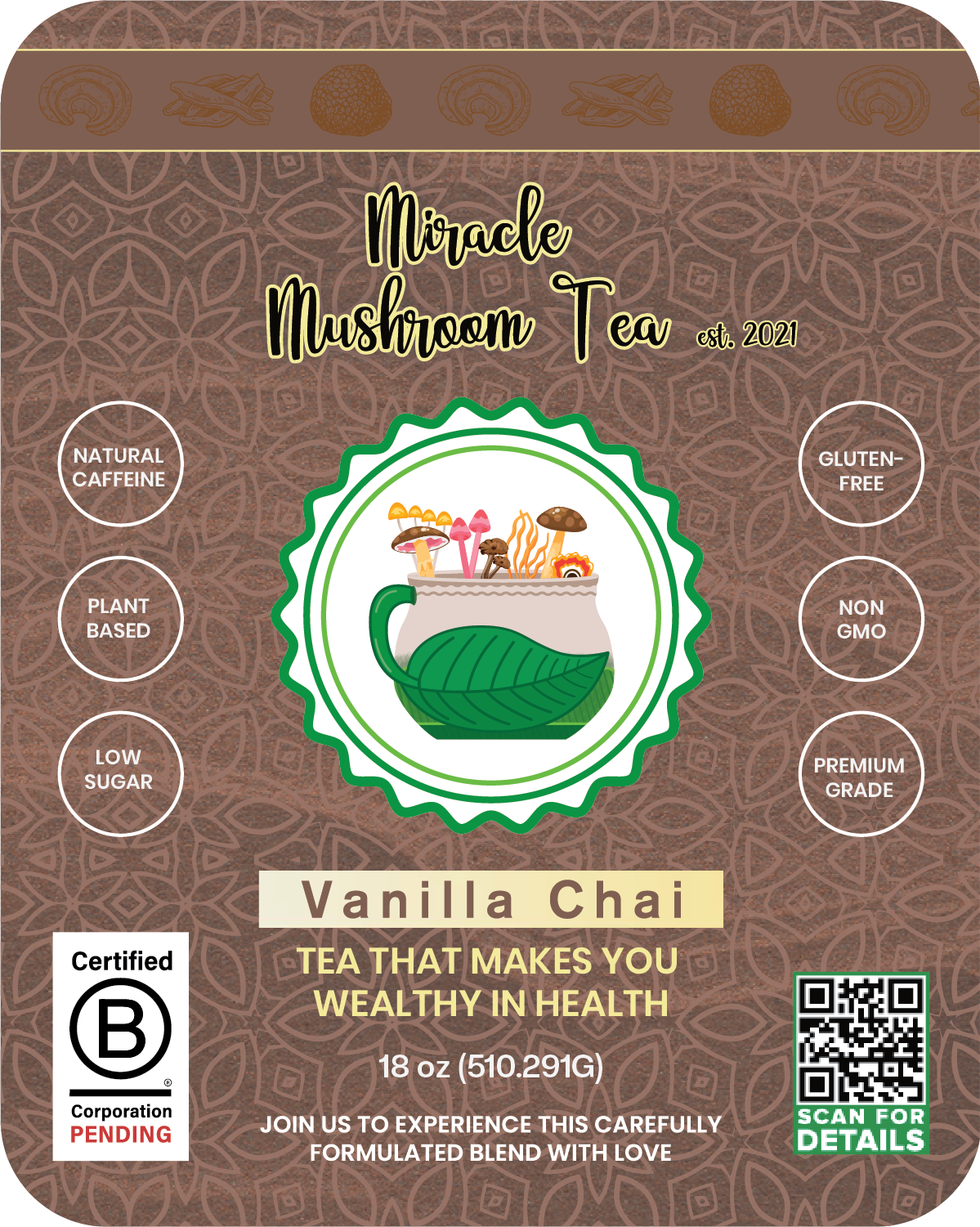 Miracle Mushroom Tea (Vanilla Chai) 30-50day supply